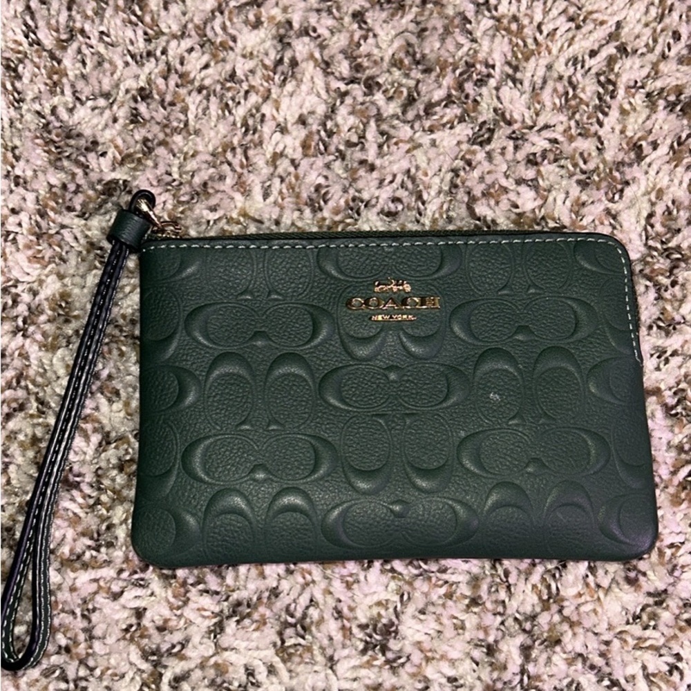Coach Embossed Dark Green Wristlet